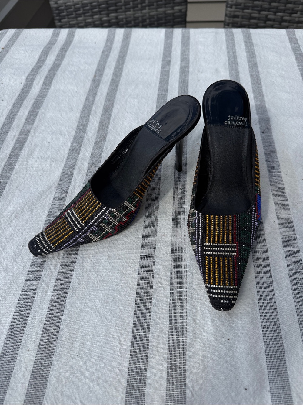 Jeffrey Campbell Black Multicolor Beaded Pointed Mules